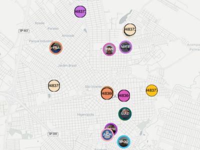 Mapa com entregadores e rotas