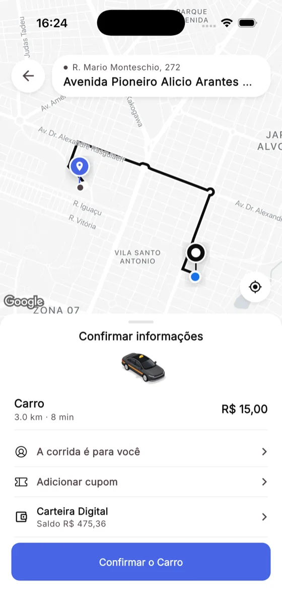 Confirmação da corrida, com passageiro, cupom de desconto e forma de pagamento